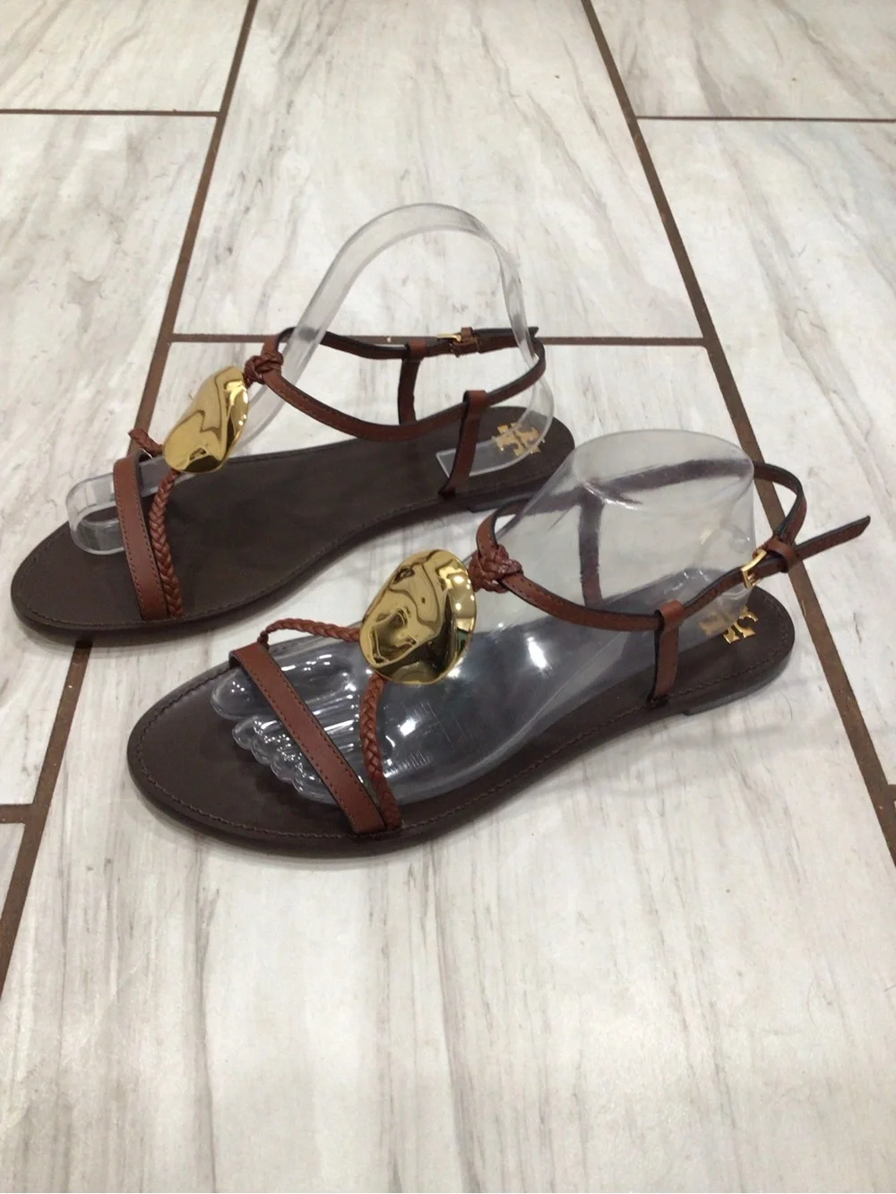 Tory Burch Patos Brown Gold Medallion Leather Flat Sandals Size 10M NIB 80287
